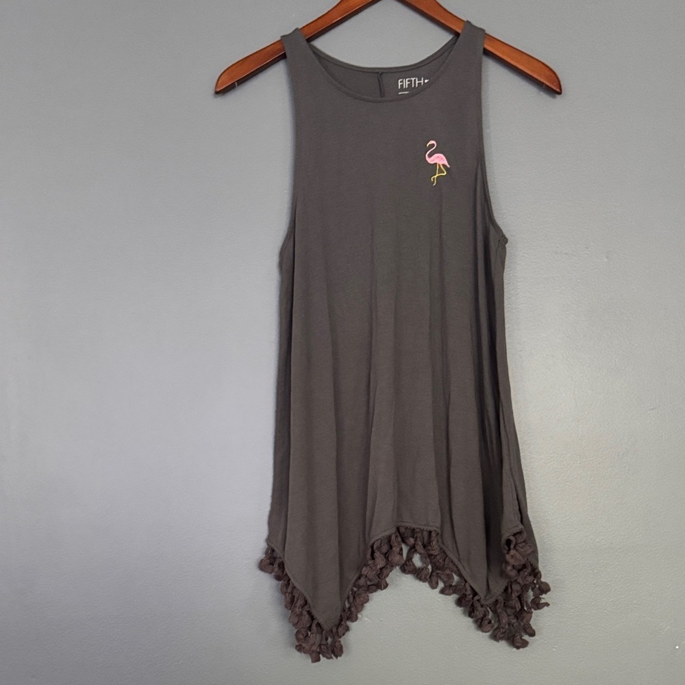 Fifth Sun Dark Gray Tank Top with‎ Fringe and Flamingo